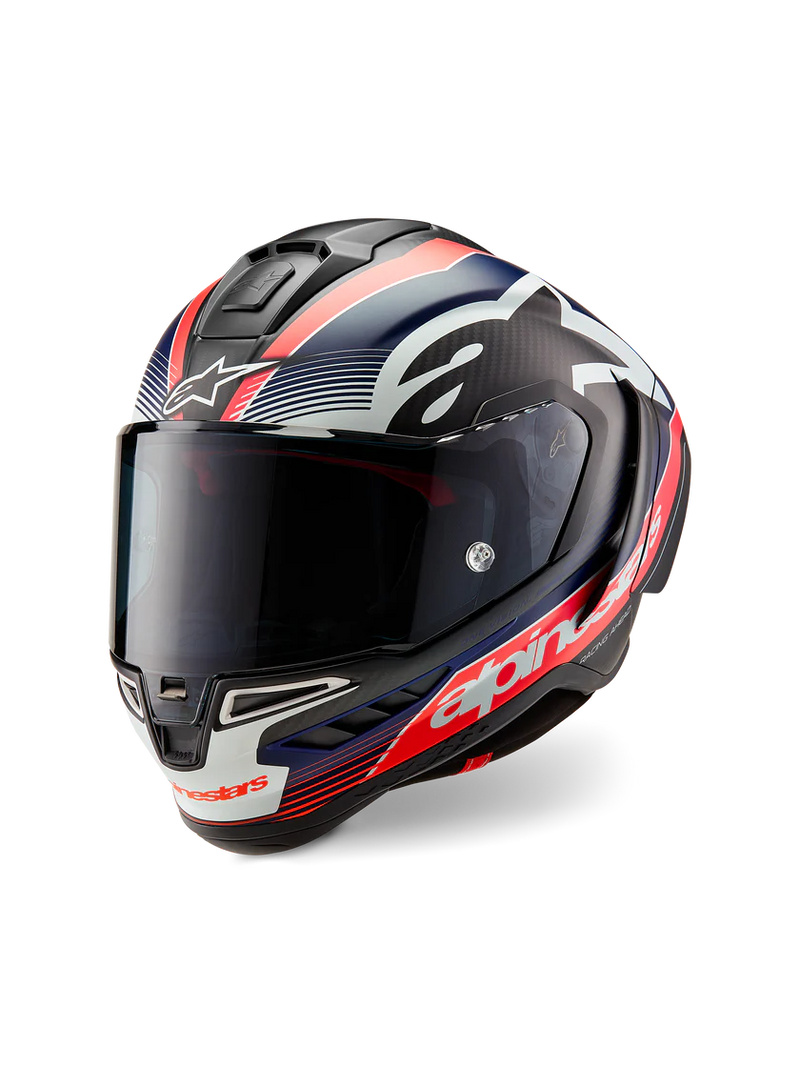 Alpinestars Supertech R10 Team helmet in Carbon Carb Fluo Red Dark Blue Matte finish