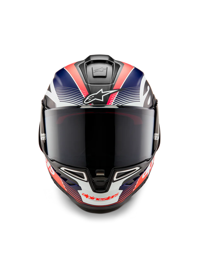 Alpinestars Supertech R10 Team helmet in Carbon Carb Fluo Red Dark Blue Matte finish