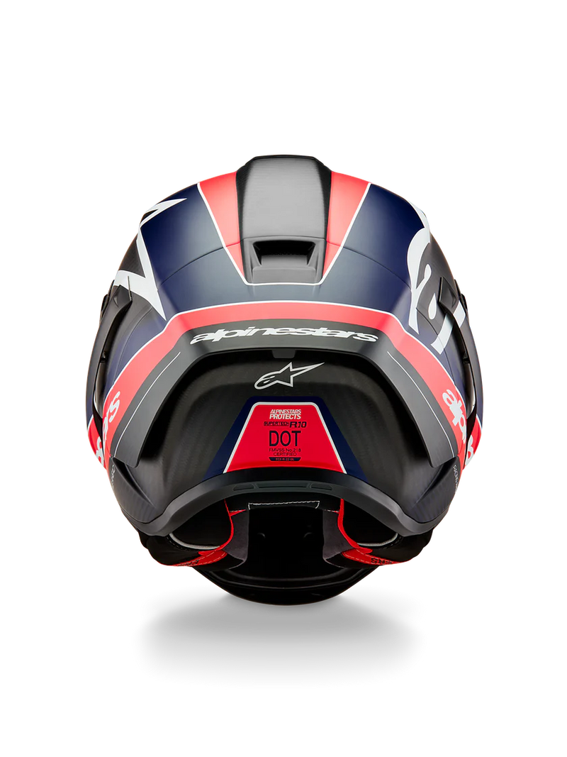 Alpinestars Supertech R10 Team helmet in Carbon Carb Fluo Red Dark Blue Matte finish