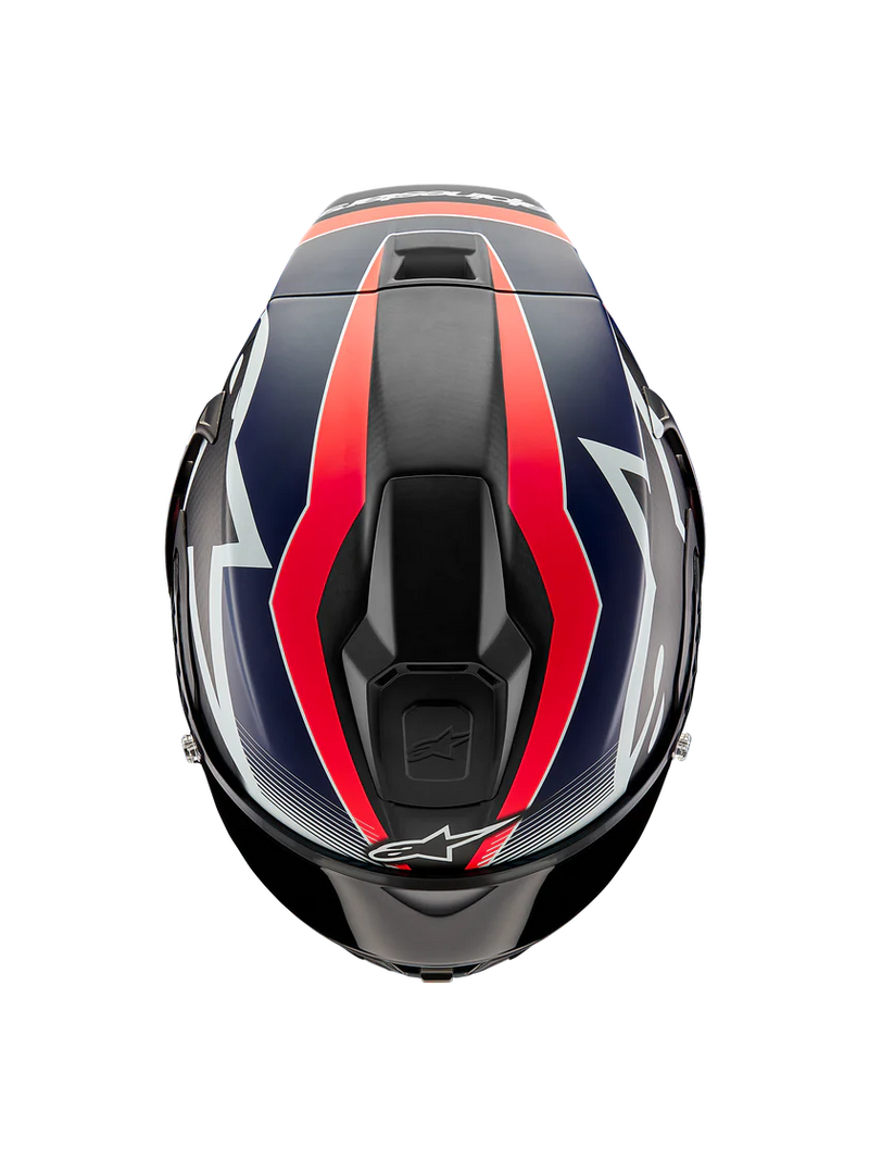 Alpinestars Supertech R10 Team helmet in Carbon Carb Fluo Red Dark Blue Matte finish