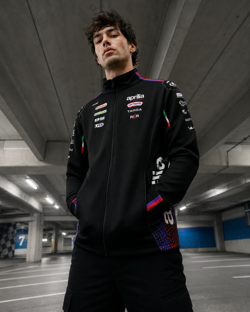IXON SW1 APRILIA 26 men's zip sweatshirt jacket in black and fluo red – 2026 Aprilia Racing Team replica