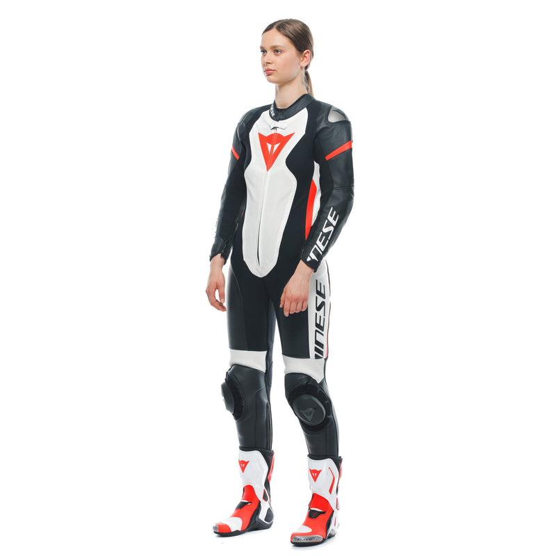 Dainese Grobnik Lady one-piece leather race suit in white and red, perforated panels