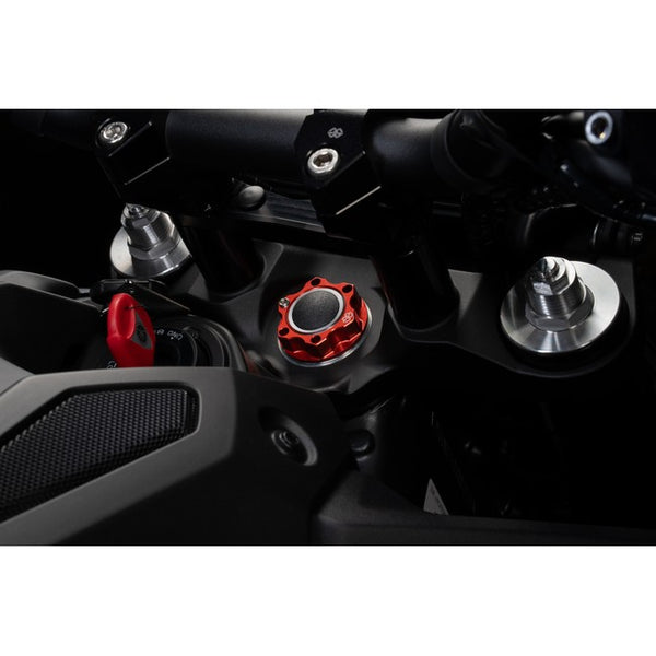 Gilles ACMA steering stem nut fitted to a Yamaha MT-09, shown with other Gilles parts