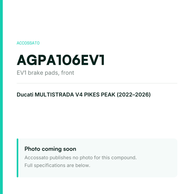 Accossato ev1 brake pads, front, AGPA106EV1 for Ducati MULTISTRADA V4 PIKES PEAK (2022-2026) — placeholder, product photo coming soon