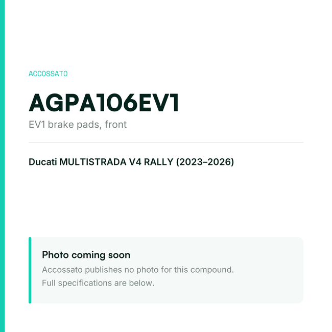 Accossato ev1 brake pads, front, AGPA106EV1 for Ducati MULTISTRADA V4 RALLY (2023-2026) — placeholder, product photo coming soon