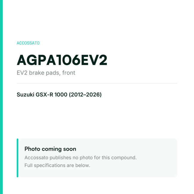 Accossato ev2 brake pads, front, AGPA106EV2 for Suzuki GSX-R 1000 (2012-2026) — placeholder, product photo coming soon