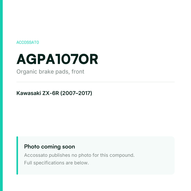 Accossato organic brake pads, front, AGPA107OR for Kawasaki ZX-6R (2007-2017) — placeholder, product photo coming soon