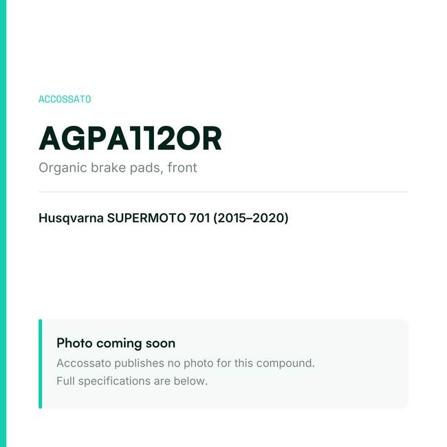Accossato organic brake pads, front, AGPA112OR for Husqvarna SUPERMOTO 701 (2015-2020) — placeholder, product photo coming soon