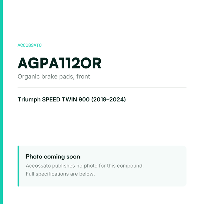 Accossato organic brake pads, front, AGPA112OR for Triumph SPEED TWIN 900 (2019-2024) — placeholder, product photo coming soon