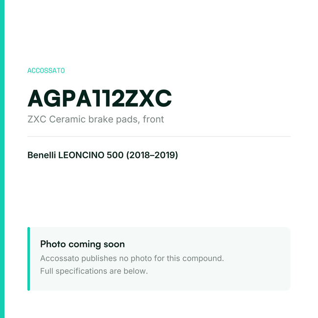 Accossato zxc ceramic brake pads, front, AGPA112ZXC for Benelli LEONCINO 500 (2018-2019) — placeholder, product photo coming soon