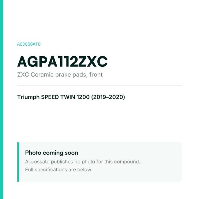 Accossato zxc ceramic brake pads, front, AGPA112ZXC for Triumph SPEED TWIN 1200 (2019-2020) — placeholder, product photo coming soon