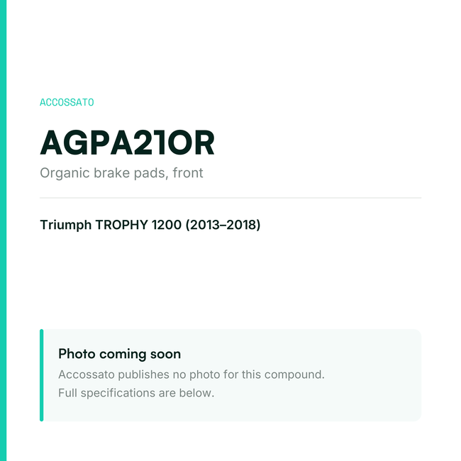 Accossato organic brake pads, front, AGPA21OR for Triumph TROPHY 1200 (2013-2018) — placeholder, product photo coming soon