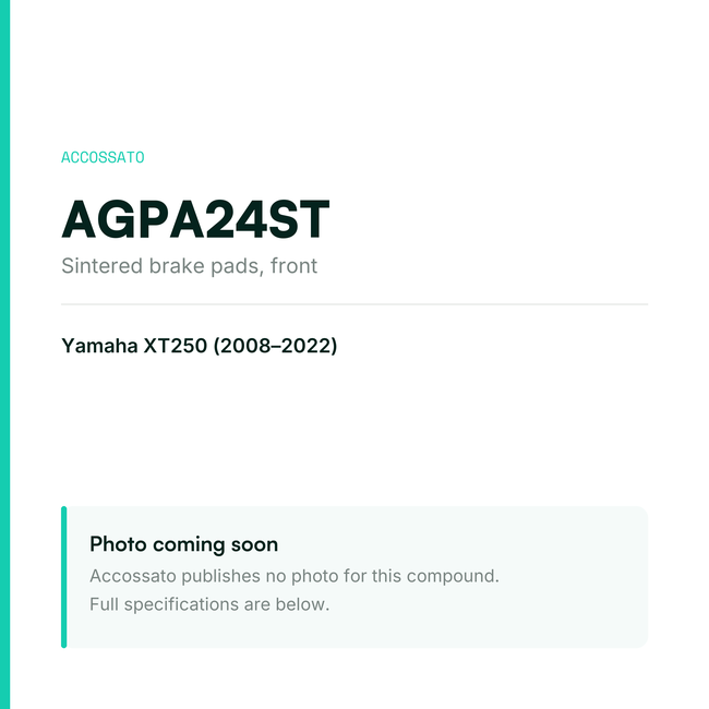 Accossato sintered brake pads, front, AGPA24ST for Yamaha XT250 (2008-2022) — placeholder, product photo coming soon