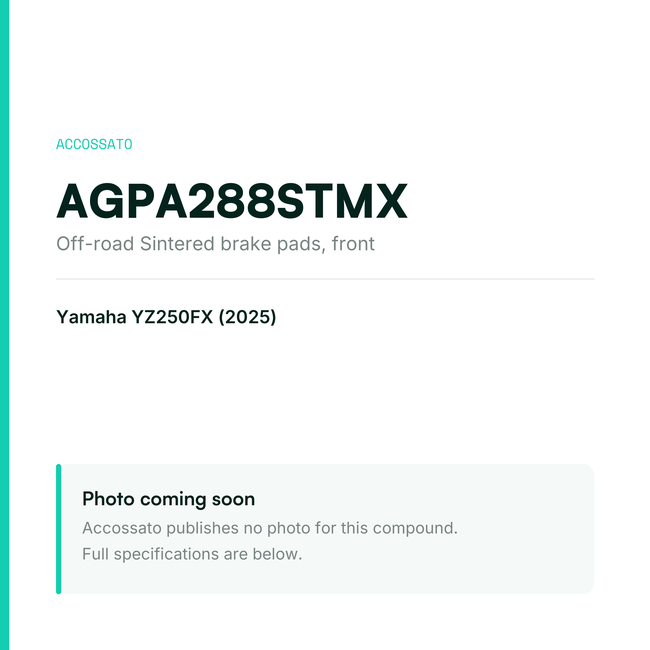 Accossato off-road sintered brake pads, front, AGPA288STMX for Yamaha YZ250FX (2025) — placeholder, product photo coming soon