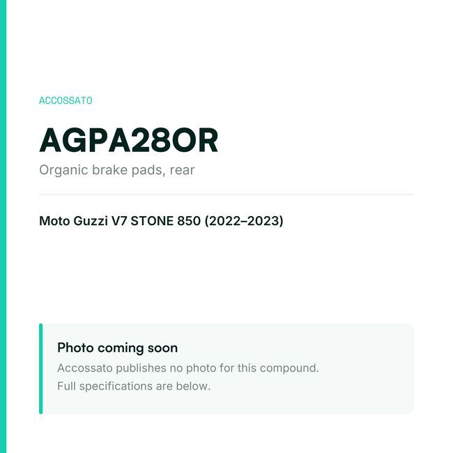 Accossato organic brake pads, rear, AGPA28OR for Moto Guzzi V7 STONE 850 (2022-2023) — placeholder, product photo coming soon