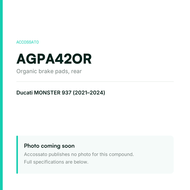 Accossato organic brake pads, rear, AGPA42OR for Ducati MONSTER 937 (2021-2024) — placeholder, product photo coming soon