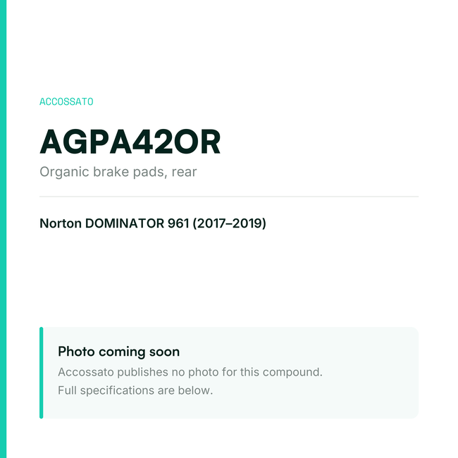 Accossato organic brake pads, rear, AGPA42OR for Norton DOMINATOR 961 (2017-2019) — placeholder, product photo coming soon