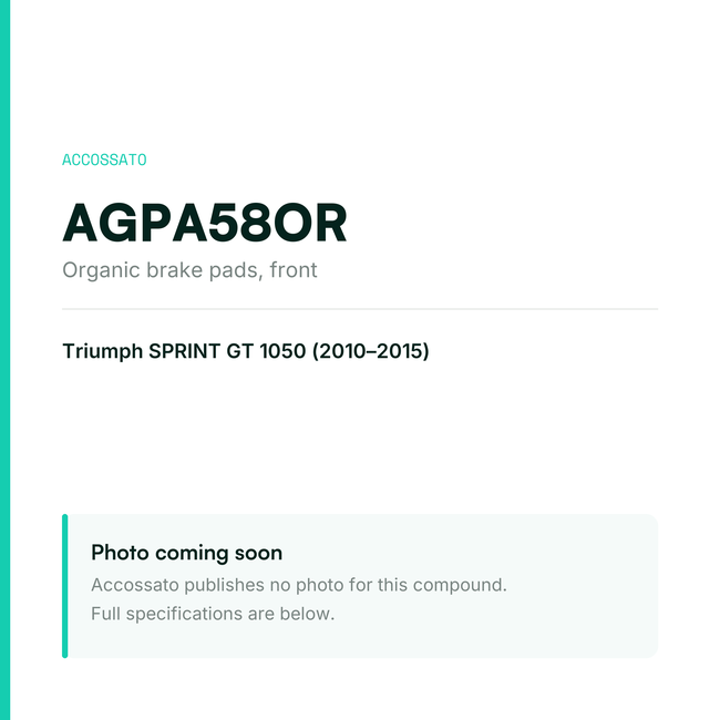Accossato organic brake pads, front, AGPA58OR for Triumph SPRINT GT 1050 (2010-2015) — placeholder, product photo coming soon