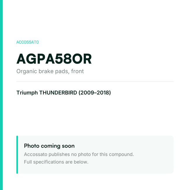 Accossato organic brake pads, front, AGPA58OR for Triumph THUNDERBIRD (2009-2018) — placeholder, product photo coming soon