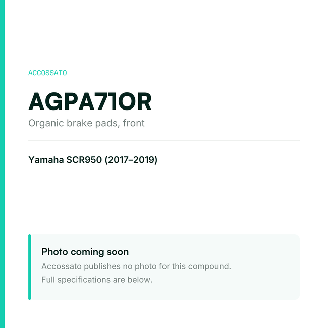 Accossato organic brake pads, front, AGPA71OR for Yamaha SCR950 (2017-2019) — placeholder, product photo coming soon