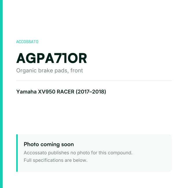 Accossato organic brake pads, front, AGPA71OR for Yamaha XV950 RACER (2017-2018) — placeholder, product photo coming soon
