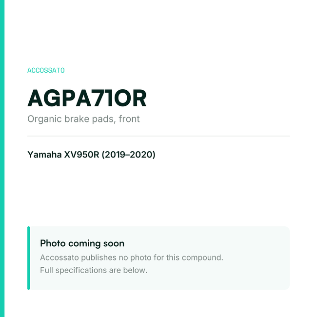 Accossato organic brake pads, front, AGPA71OR for Yamaha XV950R (2019-2020) — placeholder, product photo coming soon