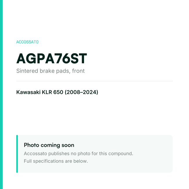 Accossato sintered brake pads, front, AGPA76ST for Kawasaki KLR 650 (2008-2024) — placeholder, product photo coming soon