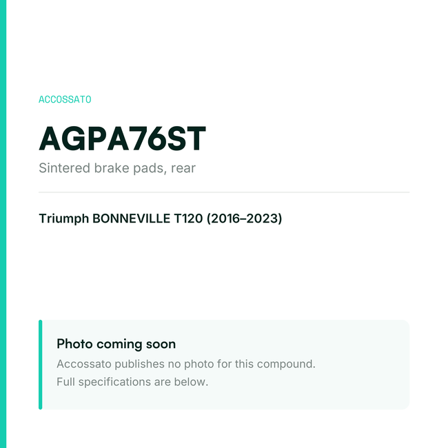 Accossato sintered brake pads, rear, AGPA76ST for Triumph BONNEVILLE T120 (2016-2023) — placeholder, product photo coming soon