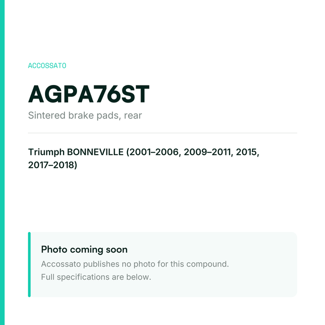 Accossato sintered brake pads, rear, AGPA76ST for Triumph BONNEVILLE (2001-2006, 2009-2011, 2015, 2017-2018) — placeholder, product photo coming soon