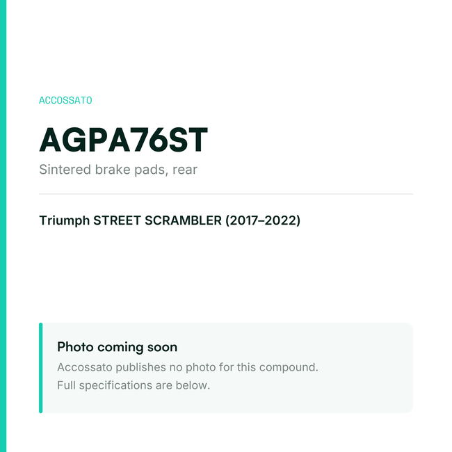 Accossato sintered brake pads, rear, AGPA76ST for Triumph STREET SCRAMBLER (2017-2022) — placeholder, product photo coming soon