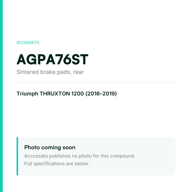 Accossato sintered brake pads, rear, AGPA76ST for Triumph THRUXTON 1200 (2016-2019) — placeholder, product photo coming soon