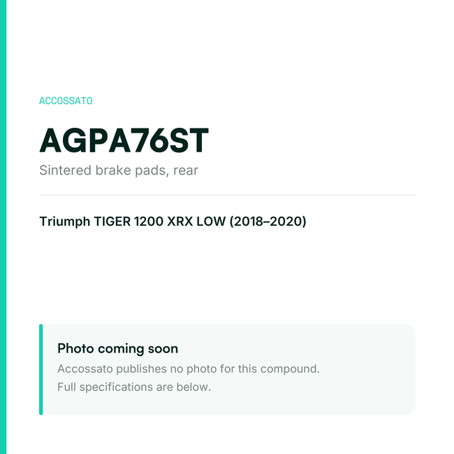 Accossato sintered brake pads, rear, AGPA76ST for Triumph TIGER 1200 XRX LOW (2018-2020) — placeholder, product photo coming soon