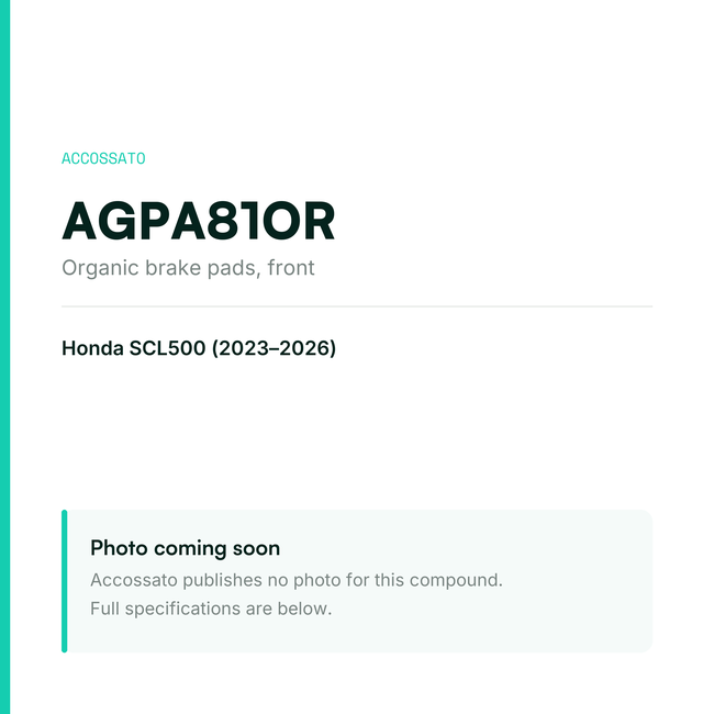 Accossato organic brake pads, front, AGPA81OR for Honda SCL500 (2023-2026) — placeholder, product photo coming soon
