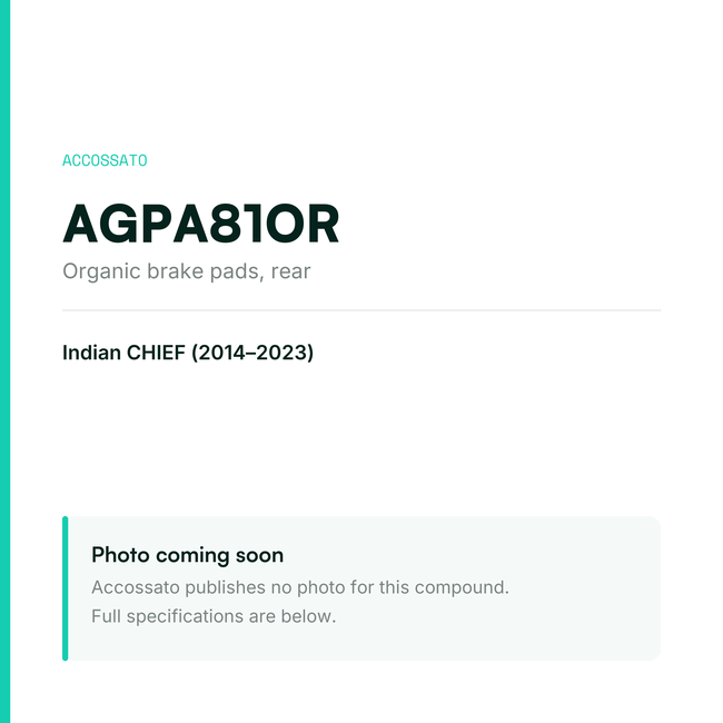 Accossato organic brake pads, rear, AGPA81OR for Indian CHIEF (2014-2023) — placeholder, product photo coming soon