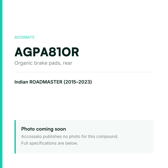 Accossato organic brake pads, rear, AGPA81OR for Indian ROADMASTER (2015-2023) — placeholder, product photo coming soon