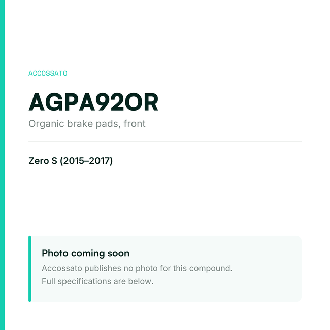 Accossato organic brake pads, front, AGPA92OR for Zero S (2015-2017) — placeholder, product photo coming soon
