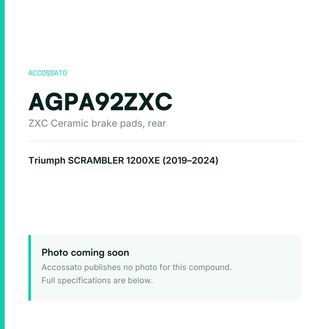 Accossato zxc ceramic brake pads, rear, AGPA92ZXC for Triumph SCRAMBLER 1200XE (2019-2024) — placeholder, product photo coming soon