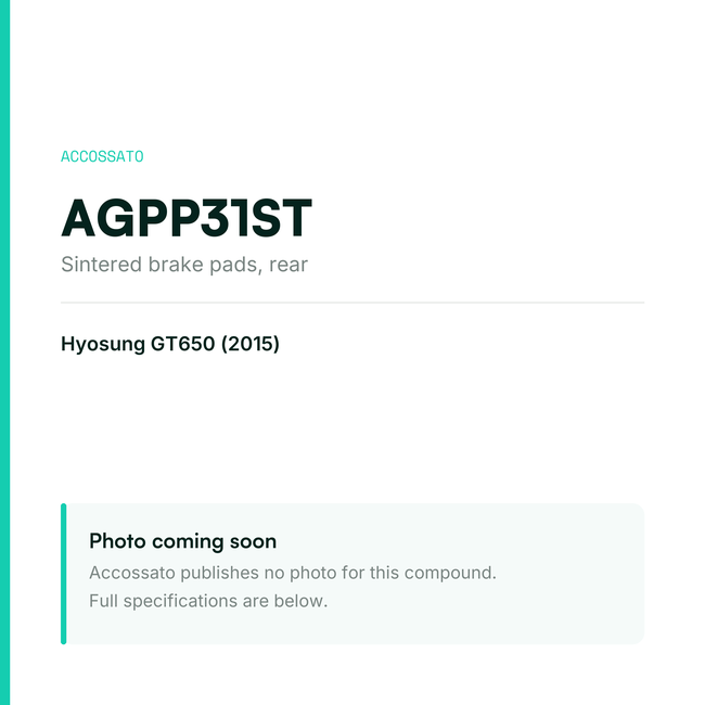 Accossato sintered brake pads, rear, AGPP31ST for Hyosung GT650 (2015) — placeholder, product photo coming soon