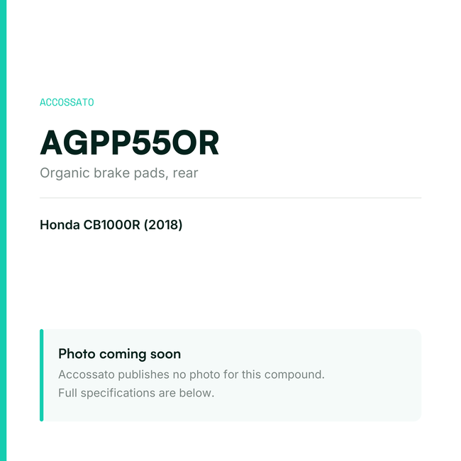 Accossato organic brake pads, rear, AGPP55OR for Honda CB1000R (2018) — placeholder, product photo coming soon