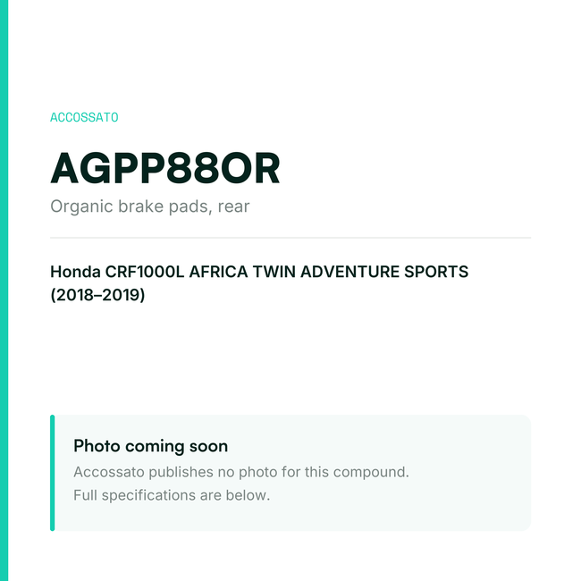 Accossato organic brake pads, rear, AGPP88OR for Honda CRF1000L AFRICA TWIN ADVENTURE SPORTS (2018-2019) — placeholder, product photo coming soon