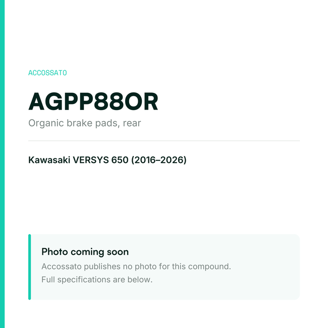 Accossato organic brake pads, rear, AGPP88OR for Kawasaki VERSYS 650 (2016-2026) — placeholder, product photo coming soon