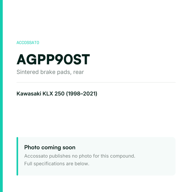 Accossato sintered brake pads, rear, AGPP90ST for Kawasaki KLX 250 (1998-2021) — placeholder, product photo coming soon
