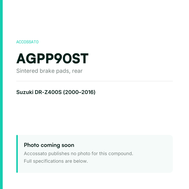 Accossato sintered brake pads, rear, AGPP90ST for Suzuki DR-Z400S (2000-2016) — placeholder, product photo coming soon