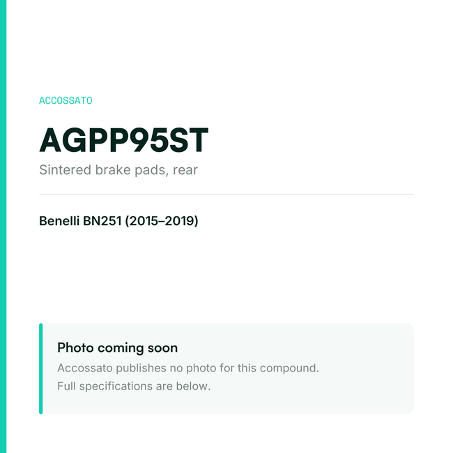 Accossato sintered brake pads, rear, AGPP95ST for Benelli BN251 (2015-2019) — placeholder, product photo coming soon