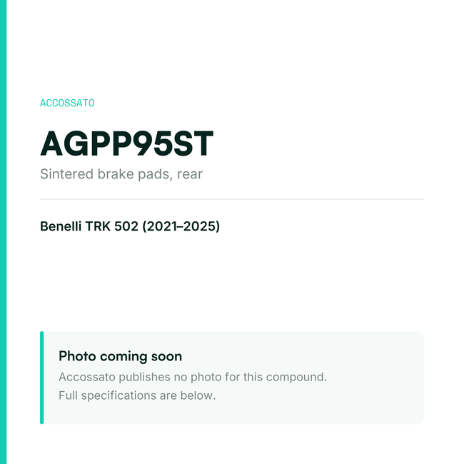 Accossato sintered brake pads, rear, AGPP95ST for Benelli TRK 502 (2021-2025) — placeholder, product photo coming soon