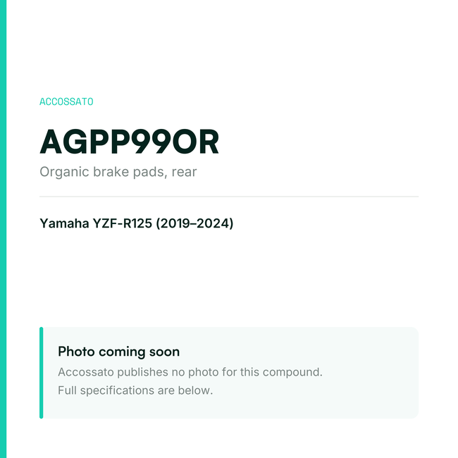 Accossato organic brake pads, rear, AGPP99OR for Yamaha YZF-R125 (2019-2024) — placeholder, product photo coming soon