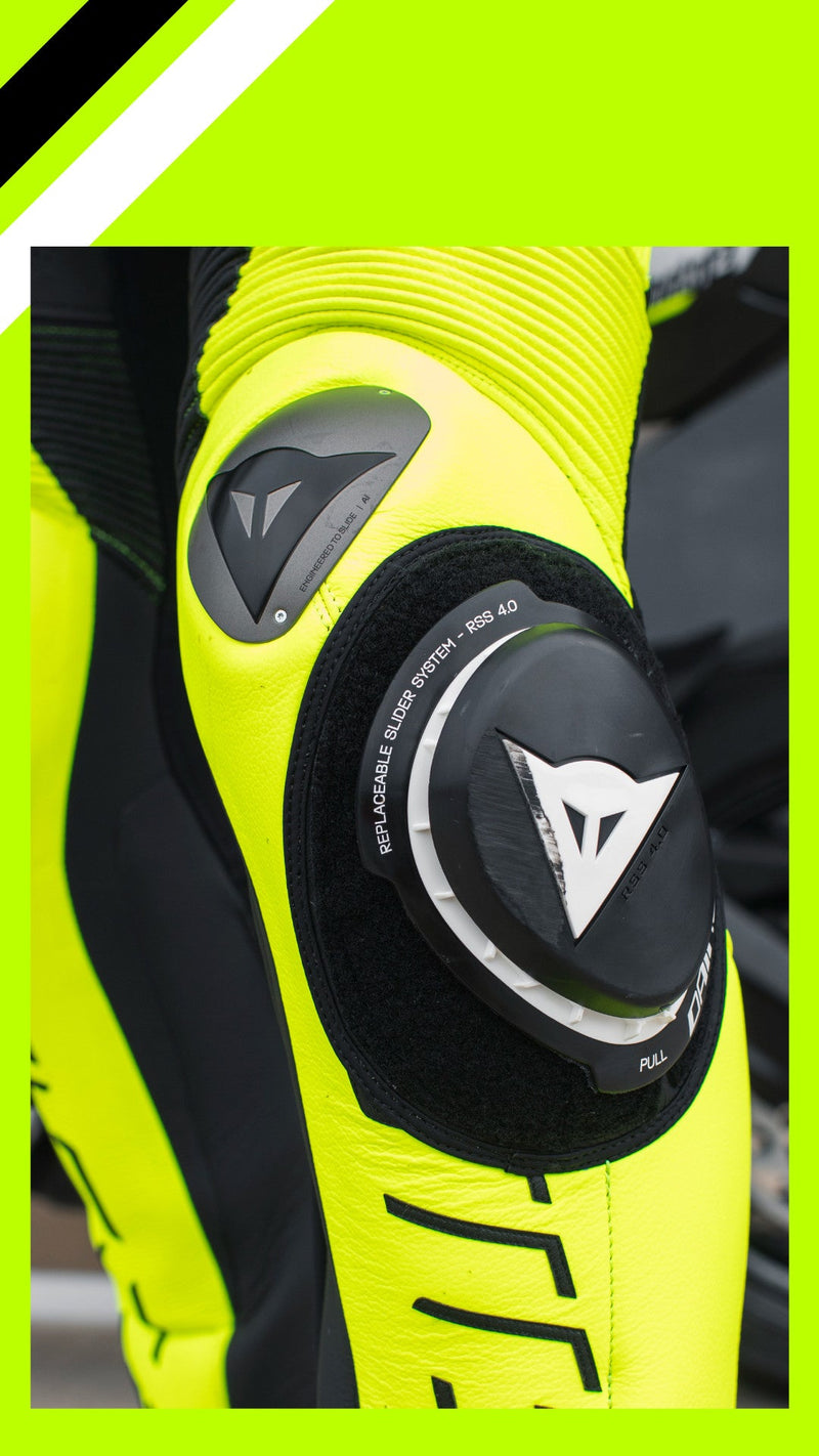 Dainese Audax D-ZIP one-piece leather racing suit in black and neon yellow