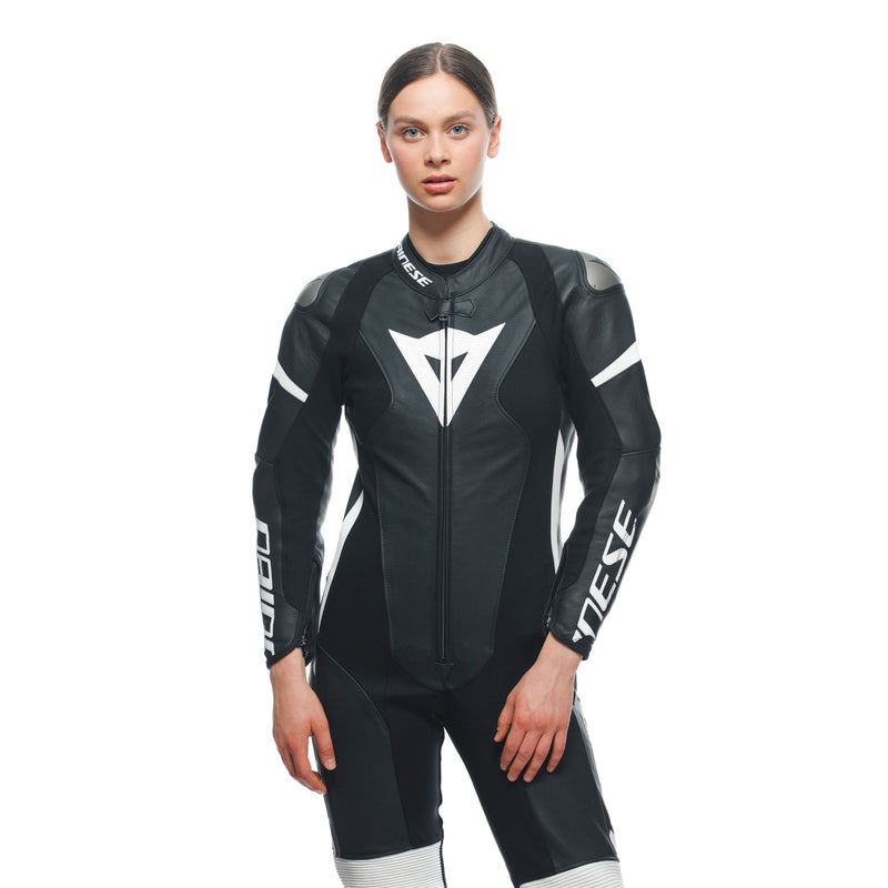 Dainese Grobnik Lady one-piece leather suit in black and white, perforated race suit for women
