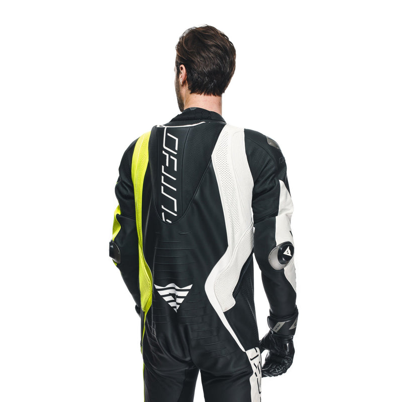 Dainese Audax D-ZIP one-piece leather racing suit in black and neon yellow