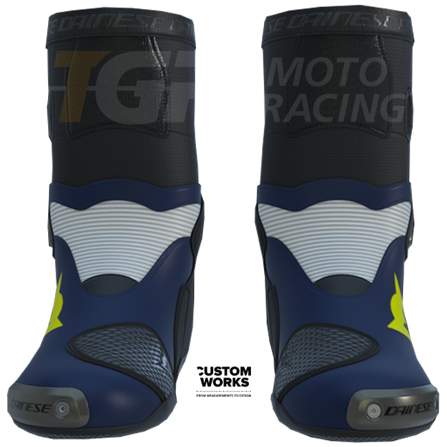 Dainese Axial 2 men's motorcycle boots in Yamaha Blue, White and Fluo Yellow Custom Works colourway